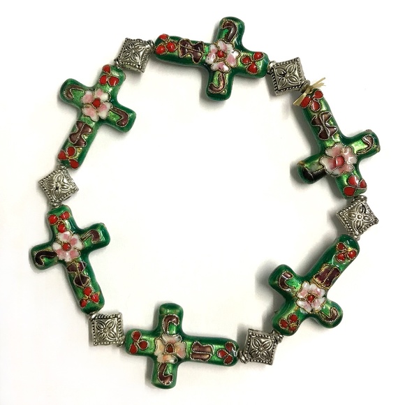 Handcrafted Cloisonné Green Crosses Bracelet NWOT - Picture 1 of 2